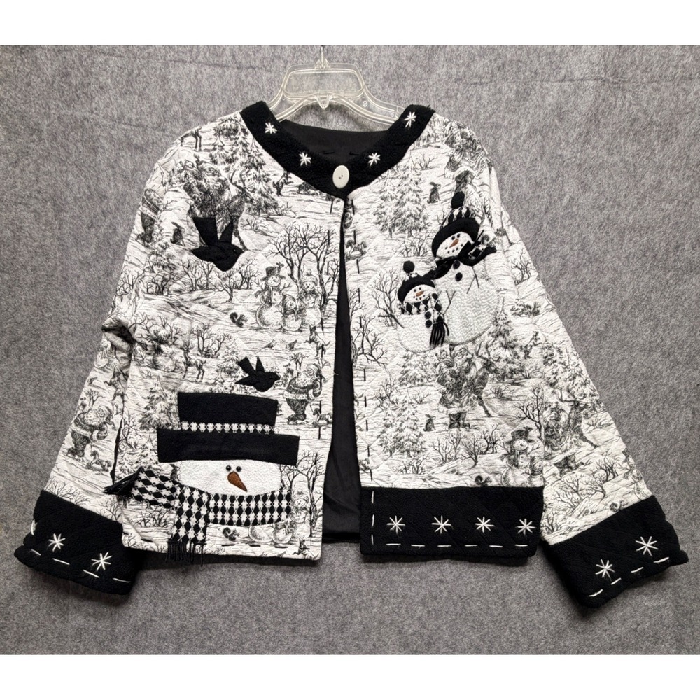 Vintage Quilted Snowman Toile Christmas Jacket Black White Holiday Topper Large